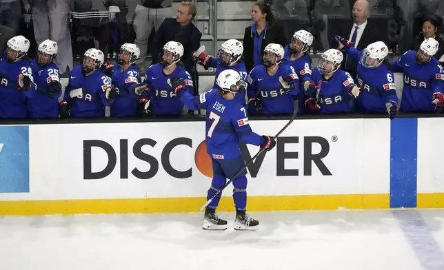 United States forward Lacey Eden (7) is congratulated by the teammates after scoring a goal against Canada during the first period of a women's Rivalry Series hockey game in San Jose, Calif., Wednesday, Nov. 6, 2024. (AP Photo/Tony Avelar)