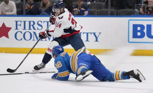 Washington Capitals' Connor McMichael (24) handles the puck as St. Louis Blues' Scott Perunovich (48) defends during the first period of an NHL hockey game Saturday, Nov. 9, 2024, in St. Louis. (AP Photo/Jeff Roberson)