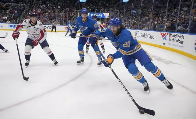 St. Louis Blues' Brandon Saad (20) controls the puck as Blues' Dylan Holloway (81) and Washington Capitals' Rasmus Sandin (38) watch during the second period of an NHL hockey game Saturday, Nov. 9, 2024, in St. Louis. (AP Photo/Jeff Roberson)