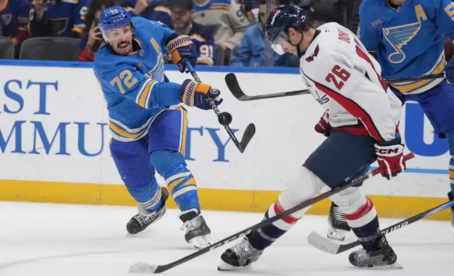 St. Louis Blues' Justin Faulk (72) shoots past Washington Capitals' Nic Dowd (26) during the second period of an NHL hockey game Saturday, Nov. 9, 2024, in St. Louis. (AP Photo/Jeff Roberson)