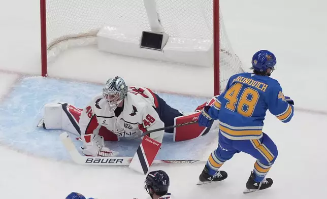 St. Louis Blues' Scott Perunovich (48) skates past Washington Capitals goaltender Logan Thompson (48) after scoring during the first period of an NHL hockey game Saturday, Nov. 9, 2024, in St. Louis. (AP Photo/Jeff Roberson)