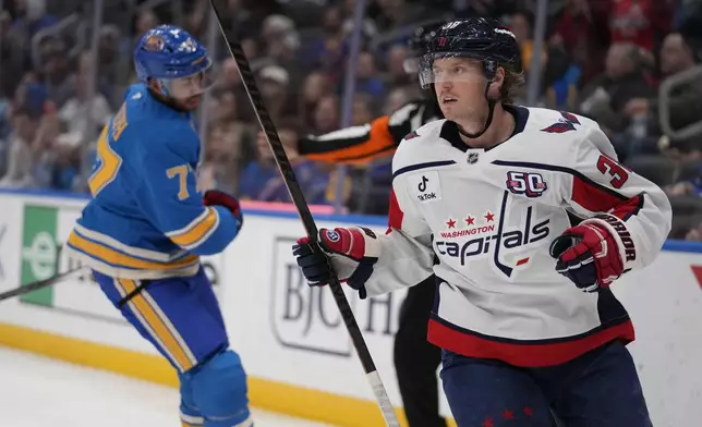 Washington Capitals' Rasmus Sandin, right, celebrates after scoring as St. Louis Blues' Pierre-Olivier Joseph skates in the background during the third period of an NHL hockey game Saturday, Nov. 9, 2024, in St. Louis. (AP Photo/Jeff Roberson)