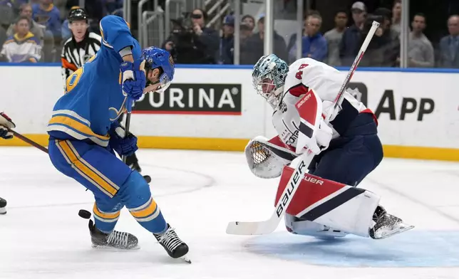 St. Louis Blues' Zack Bolduc is unable to score past Washington Capitals goaltender Logan Thompson, right, during the second period of an NHL hockey game Saturday, Nov. 9, 2024, in St. Louis. (AP Photo/Jeff Roberson)