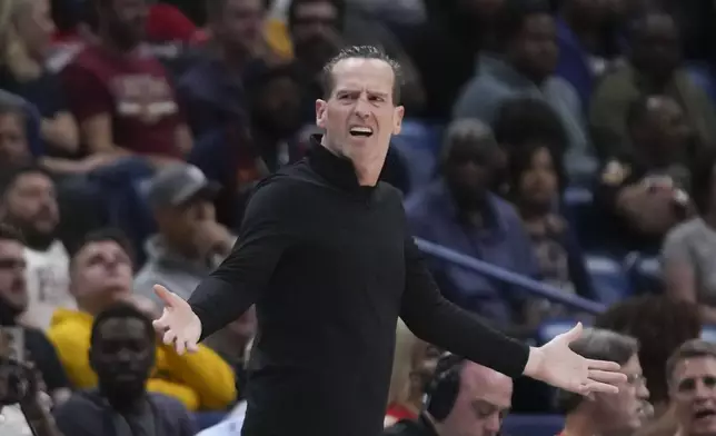 New Orleans Pelicans head coach Willie Green reacts to a call in the first half of an NBA basketball game against the New Orleans Pelicans in New Orleans, Wednesday, Nov. 6, 2024. (AP Photo/Gerald Herbert)