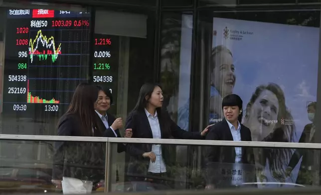 Women pass by a display board showing Chinese stock market movements on the U.S. presidential election day, in Beijing, Wednesday, Nov. 6, 2024. (AP Photo/Ng Han Guan)