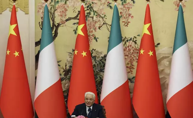 Italian President Sergio Mattarella speaks before a signing ceremony at the Great Hall of the People in Beijing, Friday, Nov. 8, 2024. (Florence Lo/Pool Photo via AP)