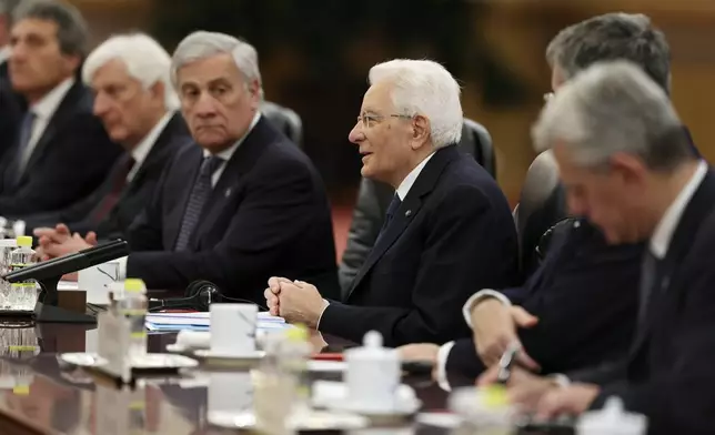 Italian President Sergio Mattarella attends a meeting with Chinese President Xi Jinping, not pictured, at the Great Hall of the People in Beijing, Friday, Nov. 8, 2024. (Florence Lo/Pool Photo via AP)