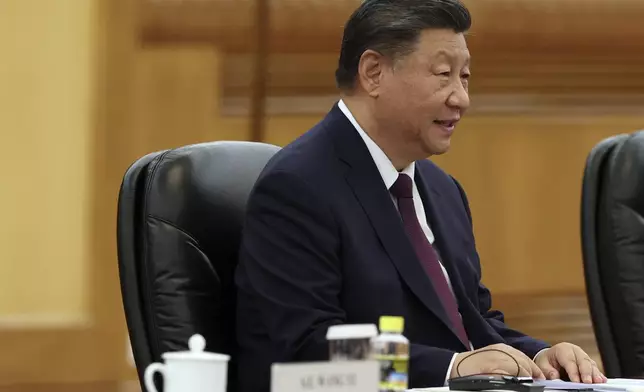 Chinese President Xi Jinping attends a meeting with Italian President Sergio Mattarella at the Great Hall of the People in Beijing, Friday, Nov. 8, 2024. (Florence Lo/Pool Photo via AP)