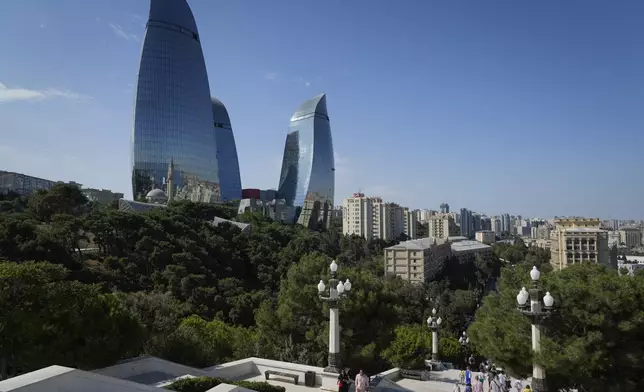 The Flame Towers skyscraper stands in Baku, Azerbaijan, Monday, Sept. 16, 2024. (AP Photo/Sergei Grits)