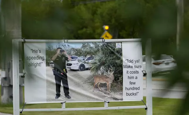 A road sign warns motorists not to speed in an area frequented by Key Deer, the smallest subspecies of the white-tailed deer that have thrived in the piney and marshy wetlands of the Florida Keys, Wednesday, Oct. 16, 2024, in Big Pine Key, Fla. (AP Photo/Lynne Sladky)