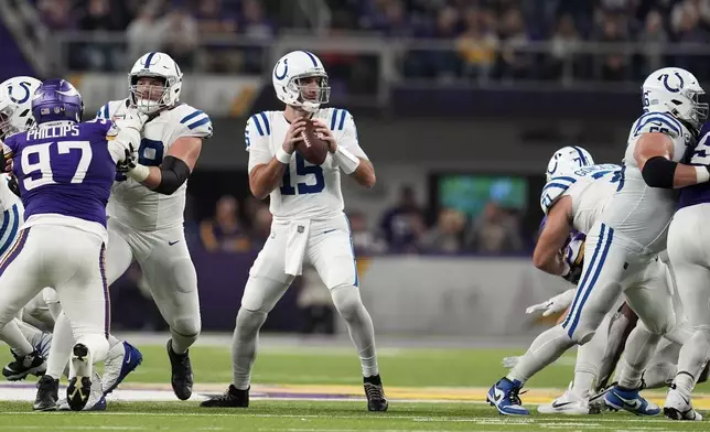 Indianapolis Colts quarterback Joe Flacco (15) throws a pass during the second half of an NFL football game against the Minnesota Vikings, Sunday, Nov. 3, 2024, in Minneapolis. (AP Photo/Abbie Parr)