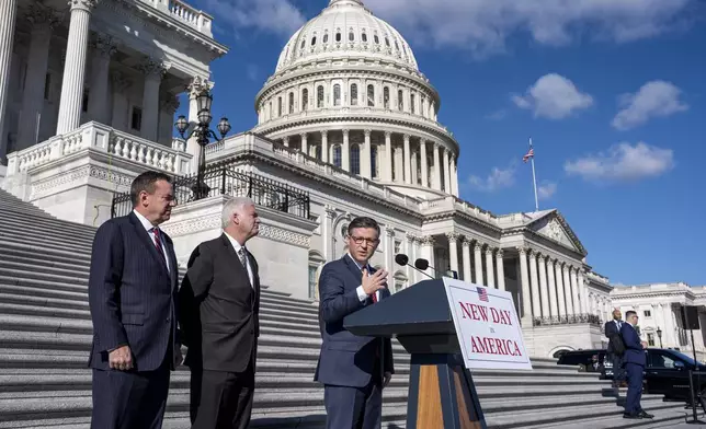 Speaker of the House Mike Johnson, R-La., joined from left by Rep. Richard Hudson, R-N.C., chairman of the National Republican Congressional Committee, and Majority Whip Tom Emmer, R-Minn., touts Republican wins as he meets with reporters on the steps of the Capitol in Washington, Tuesday, Nov. 12, 2024. Congress returns to work this week to begin what is known as a lame-duck session, that period between Election Day and the end of the two-year congressional term. (AP Photo/J. Scott Applewhite)