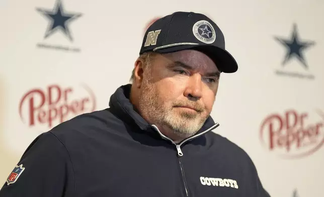 Dallas Cowboys head coach Mike McCarthy speaks at a news conference after an NFL football game against the San Francisco 49ers in Santa Clara, Calif., Sunday, Oct. 27, 2024. (AP Photo/Tony Avelar)