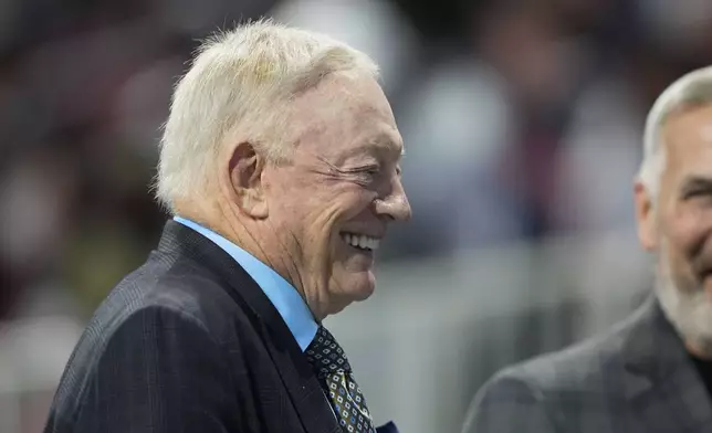 Dallas Cowboys owner Jerry Jones walks on the field before an NFL football game against the Atlanta Falcons, Sunday, Nov. 3, 2024, in Atlanta. (AP Photo/ Brynn Anderson)