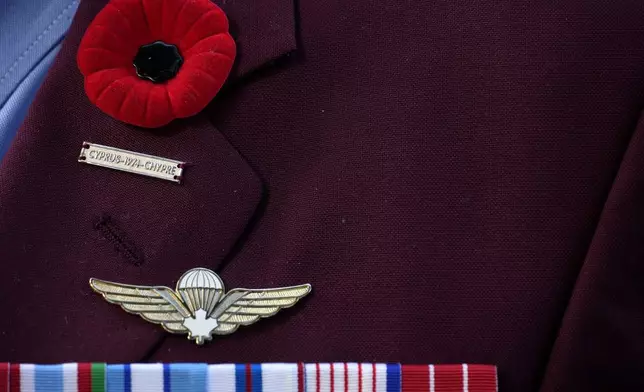 Canadian veteran with the honors on his jacket stands during a commemoration for the 60th anniversary of Canada's contribution to the UN Peacekeeping Force in Cyprus at Wolseley Barracks inside a UN-controlled buffer zone cleaving the capital Nicosia, Cyprus, on Monday, Nov. 11, 2024. (AP Photo/Petros Karadjias)