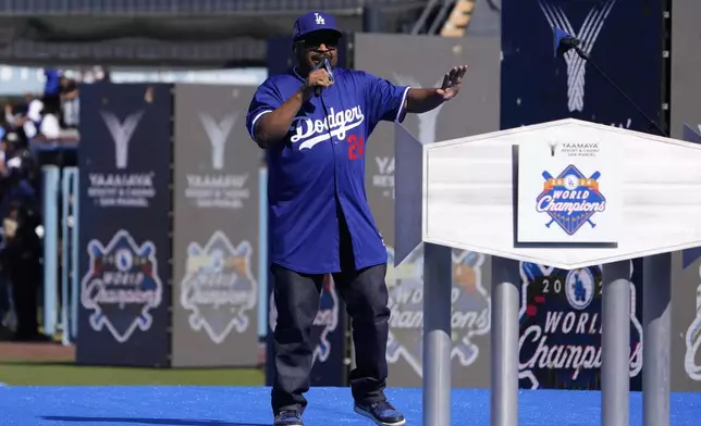 Ice Cube performs during the Los Angeles Dodgers baseball World Series championship parade and celebration at Dodger Stadium Friday, Nov. 1, 2024, in Los Angeles. (AP Photo/Mark J. Terrill)