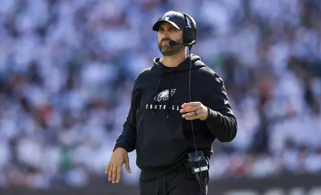 Philadelphia Eagles head coach Nick Sirianni looks on during the first half of an NFL football game against the Cincinnati Bengals, Sunday, Oct. 27, 2024 in Cincinnati. (AP Photo/Carolyn Kaster)