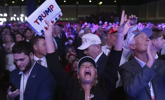 Supporters watch returns at a campaign election night watch party for Republican presidential nominee former President Donald Trump at the Palm Beach Convention Center, Wednesday, Nov. 6, 2024, in West Palm Beach, Fla. (AP Photo/Evan Vucci)