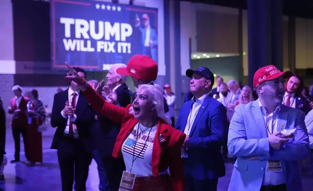 Supporters react as they watch election results at an election night campaign watch party for Republican presidential nominee former President Donald Trump Tuesday, Nov. 5, 2024, in West Palm Beach, Fla. (AP Photo/Alex Brandon)