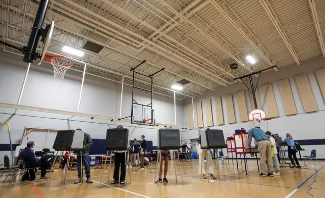 People cast their votes during Election Day at TC Roberson High School, Tuesday, Nov. 5, 2024 in Asheville, N.C. (AP Photo/Kathy Kmonicek)