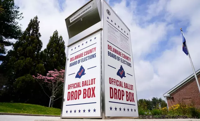 FILE - A Delaware County secured drop box for the return of vote-by-mail ballots is pictured, May 2, 2022, in Newtown Square, Pa. (AP Photo/Matt Rourke, File)