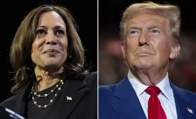 This combination of file photos shows Democratic presidential nominee Vice President Kamala Harris, left, speaking at a campaign rally Erie, Pa., on Oct. 14, 2024, and Republican presidential nominee former President Donald Trump speaking a campaign rally in Uniondale, N.Y., on Sept.18, 2024. (AP Photo)