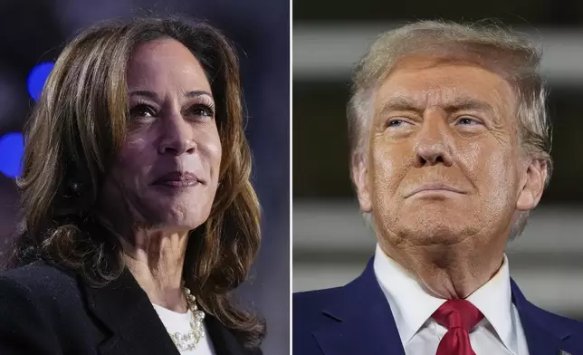 This combination of file photos shows Democratic presidential nominee Vice President Kamala Harris, left, speaking at a campaign rally in Charlotte, N.C., on Sept. 12, 2024, 2024, and Republican presidential nominee former President Donald Trump speaking a town hall campaign event in Warren, Mich., on Sept. 27, 2024. (AP Photo)