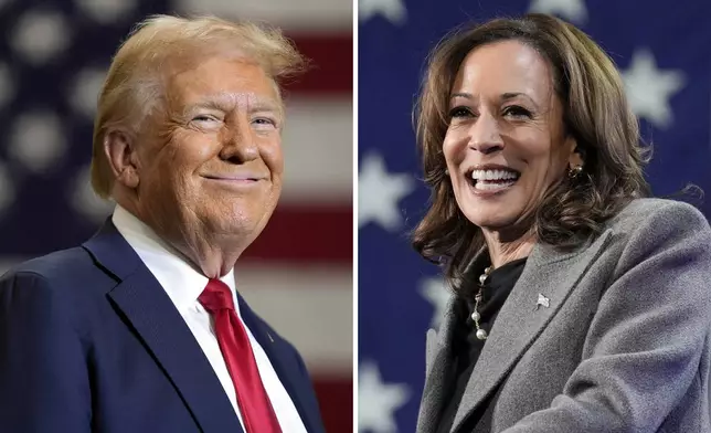 This combination of photos shows Republican presidential nominee former President Donald Trump, left, speaking at a campaign event Sept. 25, 2024, in Mint Hill, N.C., and Democratic presidential nominee Vice President Kamala Harris, right, speaking a campaign event Oct. 19, 2024, in Atlanta. (AP Photo)