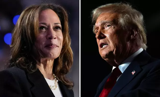 This combination of photos shows Democratic presidential nominee Vice President Kamala Harris, left, speaking during a rally in Charlotte, N.C., Sept. 12, 2024, and Republican presidential nominee former President Donald Trump, right, speaking during a rally in Warren, Mich., Nov. 1, 2024. (AP Photo)