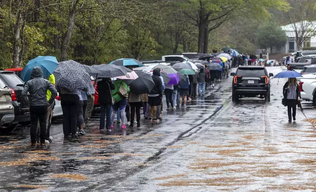 Voters line up to cast their ballots at The Church at Brook Hills on Election Day, Tuesday, Nov. 5, 2024, in Birmingham, Ala. (AP Photo/Vasha Hunt)