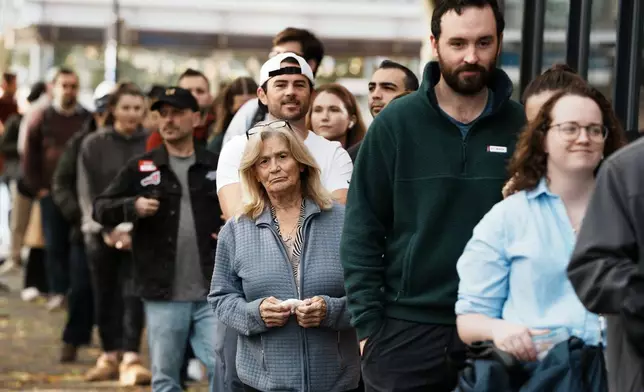 People wait in line to vote on Election Day, Tuesday, Nov. 5, 2024, in the East Boston neighborhood of Boston. (AP Photo/Michael Dwyer)