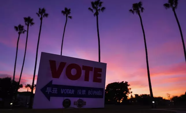 A sign directs the way to a polling place at Marina Park Community Center on Tuesday, Nov. 5, 2024, in Newport Beach, Calif. (AP Photo/Ashley Landis)