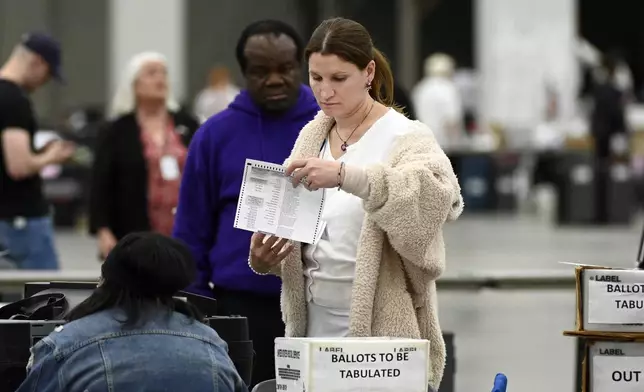 An election worker looks over an absentee voter ballot, Tuesday, Nov. 5, 2024, at Huntington Place in Detroit. (AP Photo/Jose Juarez)