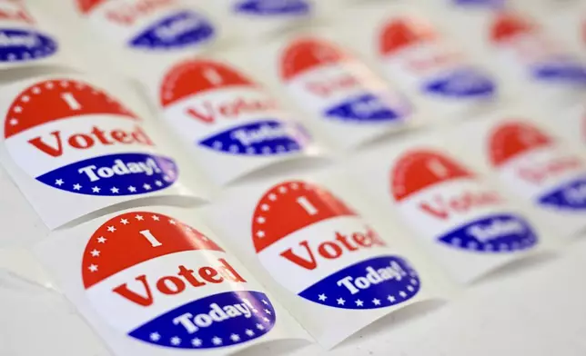 "I Voted" stickers are seen at Drummond Community Hall in Drummond, Mont., on Election Day, Tuesday, Nov. 5, 2024. (AP Photo/Tommy Martino)