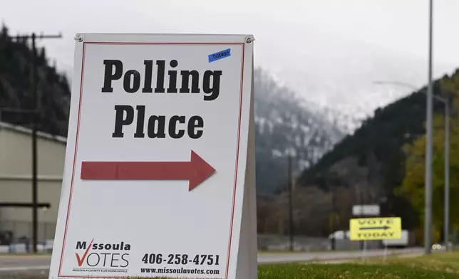 Signs marking a polling place stand in Bonner, Mont., on Election Day, Tuesday, Nov. 5, 2024. (AP Photo/Tommy Martino)