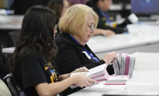 Election workers process ballots at the Washoe County Registrar of Voters Office, Tuesday, Nov. 5, 2024, in Reno, Nev. (AP Photo/Godofredo A. Vásquez)