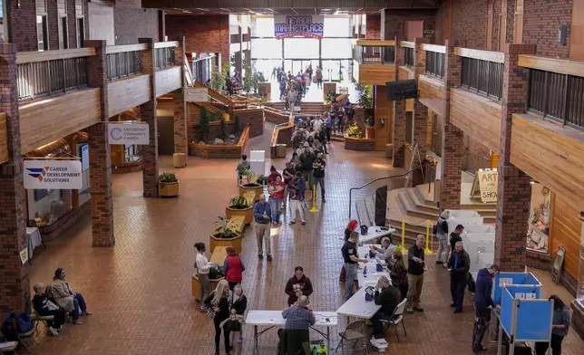 People stand in line to vote at the Reno Town Mall, Tuesday, Nov. 5, 2024, in Reno, Nev. (AP Photo/Godofredo A. Vasquez)