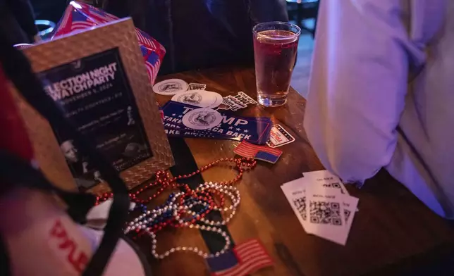 Stickers in support of Republican presidential nominee former President Donald Trump are seen at a watch party hosted by the New York Young Republican Club in New York on Election Day, Tuesday, Nov. 5, 2024. (AP Photo/Yuki Iwamura)