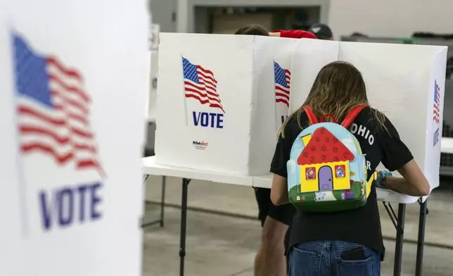 A voter fills out a ballot at the Pleasant Township Fire Department on Election Day, Tuesday, Nov. 5, 2024, in Catawba, Ohio. (AP Photo/Carolyn Kaster)