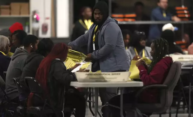 Election workers process mail-in ballots for the 2024 General Election in the United States at the Philadelphia Election Warehouse, early Monday, Nov. 6, 2024, in Philadelphia. (AP Photo/Matt Slocum)