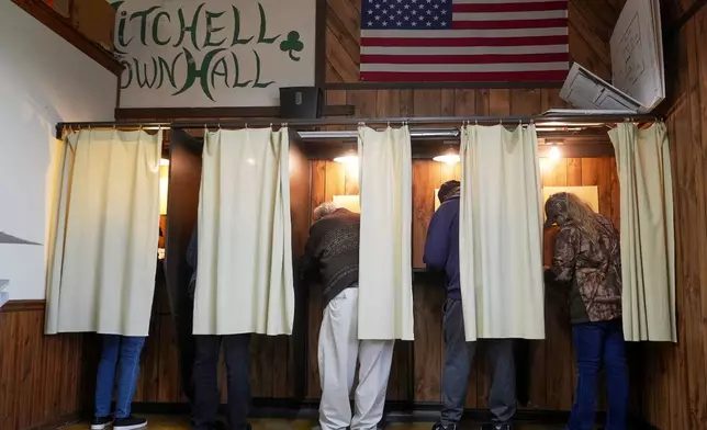 Voters mark their ballots at a polling place, Tuesday, Nov. 5, 2024, in Mitchell, Wis. (AP Photo/Morry Gash)