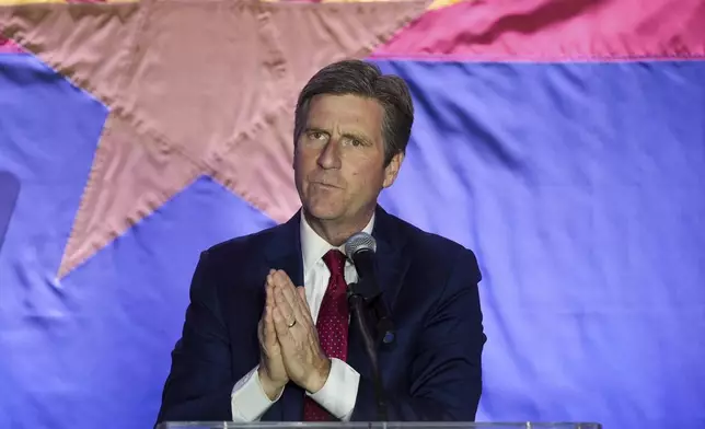 Rep. Greg Stanton, D-Ariz., speaks during a watch party on election night Tuesday, Nov. 5, 2024, in Phoenix. (AP Photo/Ross D. Franklin)