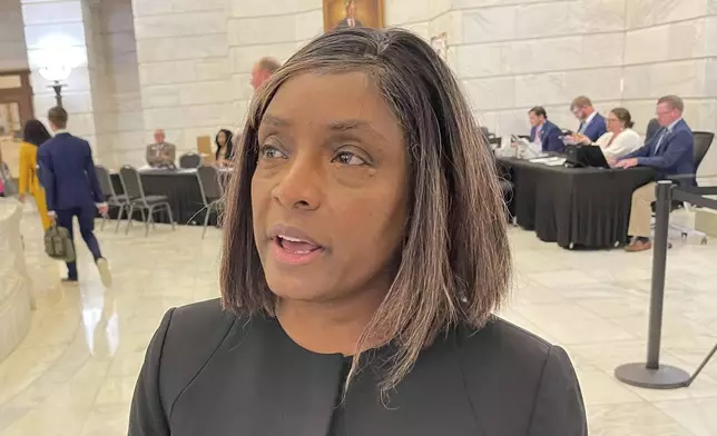 FILE - Risie Howard speaks to reporters at the Arkansas Capitol, Nov. 14, 2023, in Little Rock, Ark. (AP Photo/Andrew Demillo, File)