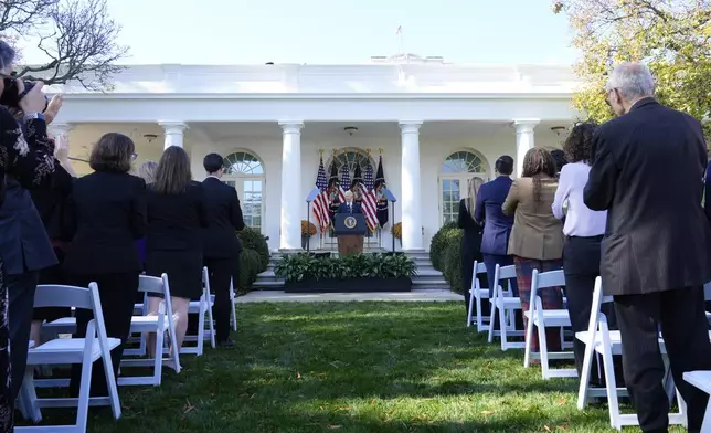 President Joe Biden speaks in the Rose Garden of the White House in Washington, Thursday, Nov. 7, 2024. (AP Photo/Susan Walsh)