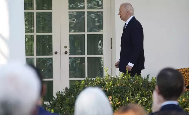 President Joe Biden departs after speaking in the Rose Garden of the White House in Washington, Thursday, Nov. 7, 2024. (AP Photo/Mark Schiefelbein)