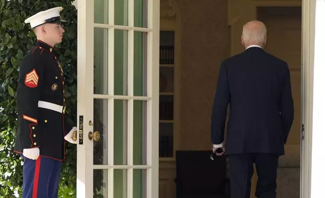 President Joe Biden departs after speaking in the Rose Garden of the White House in Washington, Thursday, Nov. 7, 2024. (AP Photo/Mark Schiefelbein)