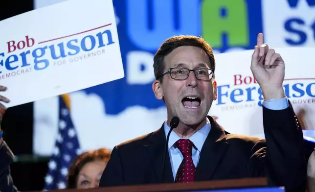 FILE - Democratic Washington gubernatorial candidate Attorney General Bob Ferguson speaks to supporters at the Washington State Democrats election night party on Election Day, Tuesday, Nov. 5, 2024, in Seattle. (AP Photo/Lindsey Wasson, File)