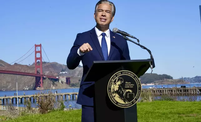 FILE - California Attorney General Rob Bonta speaks at a news conference in front of the Golden Gate Bridge in San Francisco on Thursday, Nov. 7, 2024. (AP Photo/Terry Chea, File)