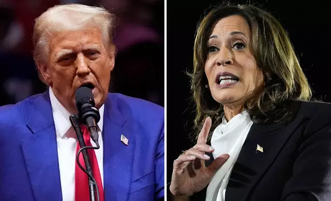 This combination of photos shows Republican presidential candidate former President Donald Trump, left, speaking at a campaign rally at Madison Square Garden, Oct. 27, 2024, in New York, and Democratic presidential nominee Vice President Kamala Harris, right, speaking at a campaign event at the Ellipse near the White House in Washington, Oct. 29, 2024. (AP Photo)