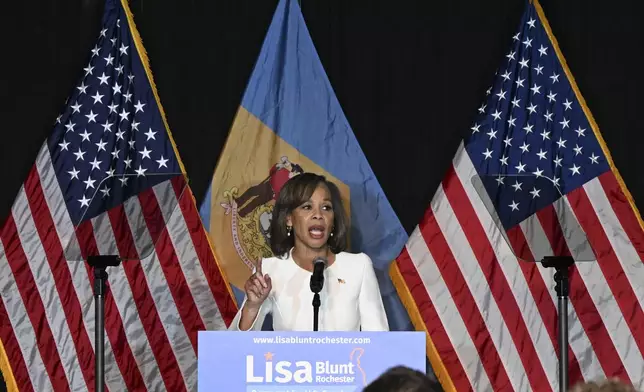 Democratic Delaware Senate candidate state Rep. Lisa Blunt Rochester speaks during an election night watch party Tuesday, Nov. 5, 2024, in Wilmington, Del. (AP Photo/Gail Burton)